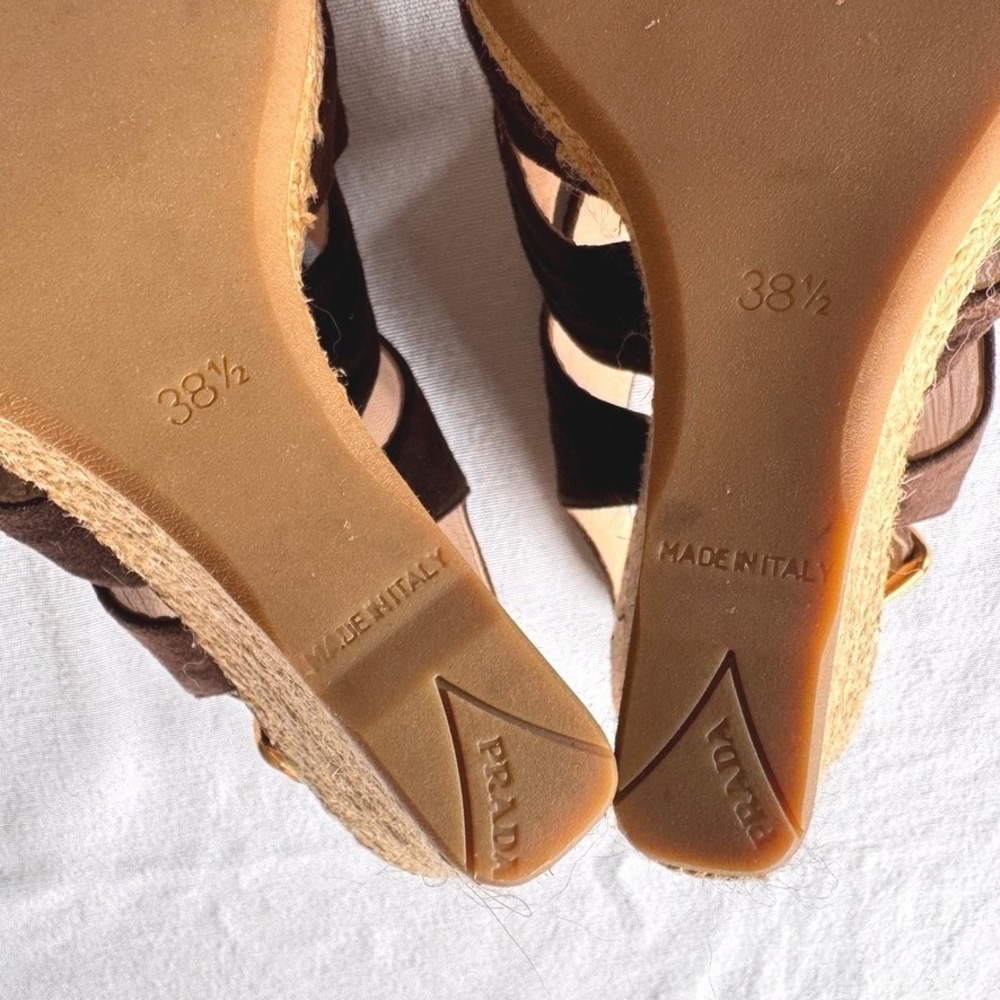 Prada Brown Suede Espadrille Wedge Sandals Slingback Ruched Italian Size 38.5 - Picture 7 of 9
